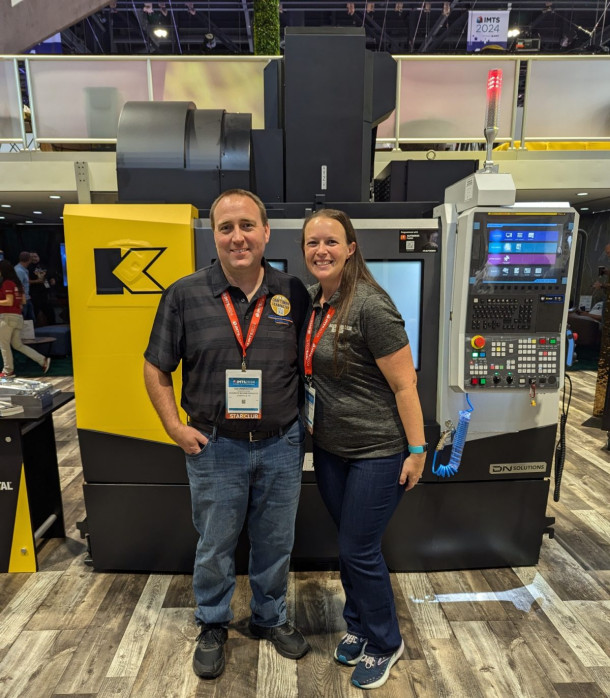 Tim Drinkwater, founder of Accurate Machine Products, with his wife and Coowner, Amanda Drinkwater, at IMTS 2024